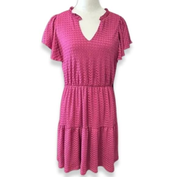 London Times Tiered Dress Split Neck Details Cap Sleeve Stretchy Pink Medium NWT - Picture 1 of 9